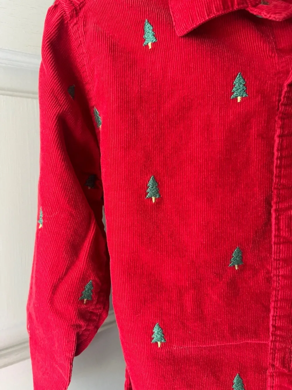 Gymboree Christmas Red Corduroy Button-Down Shirt Green Tree Embroidery, Boys 4T